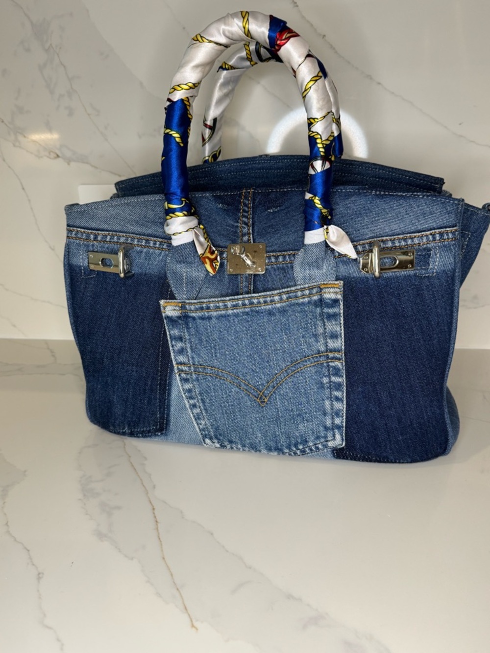 Patchwork Denim Tote with Scarf-Wrapped Handles - Blue